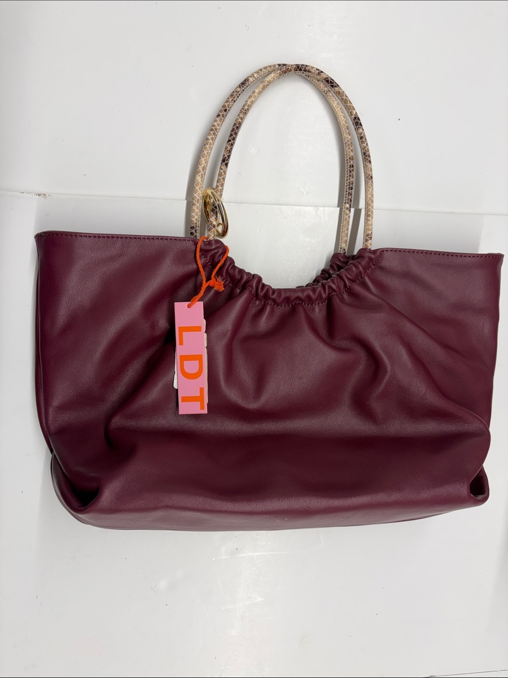 LDT Burgundy Tote with Snake-Print Handles
